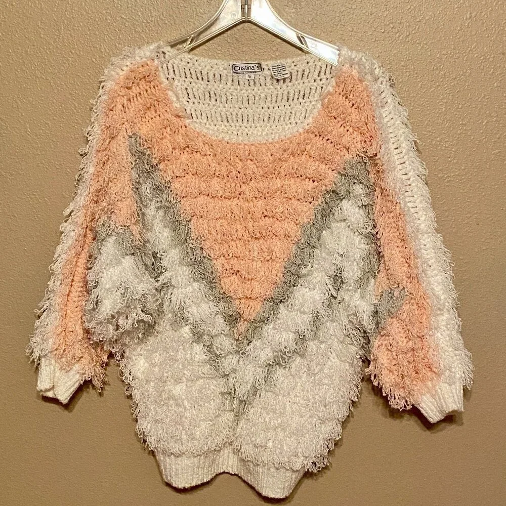CRISTINA'S White Gray & Pink Pastel Shaggy Fluffy Sweater Hand Crochet Size (L)